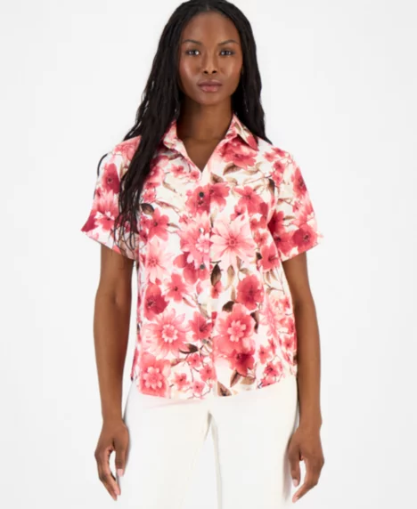 Petite Printed Short-Sleeve Button-Front Shirt - Pink Berry Multi