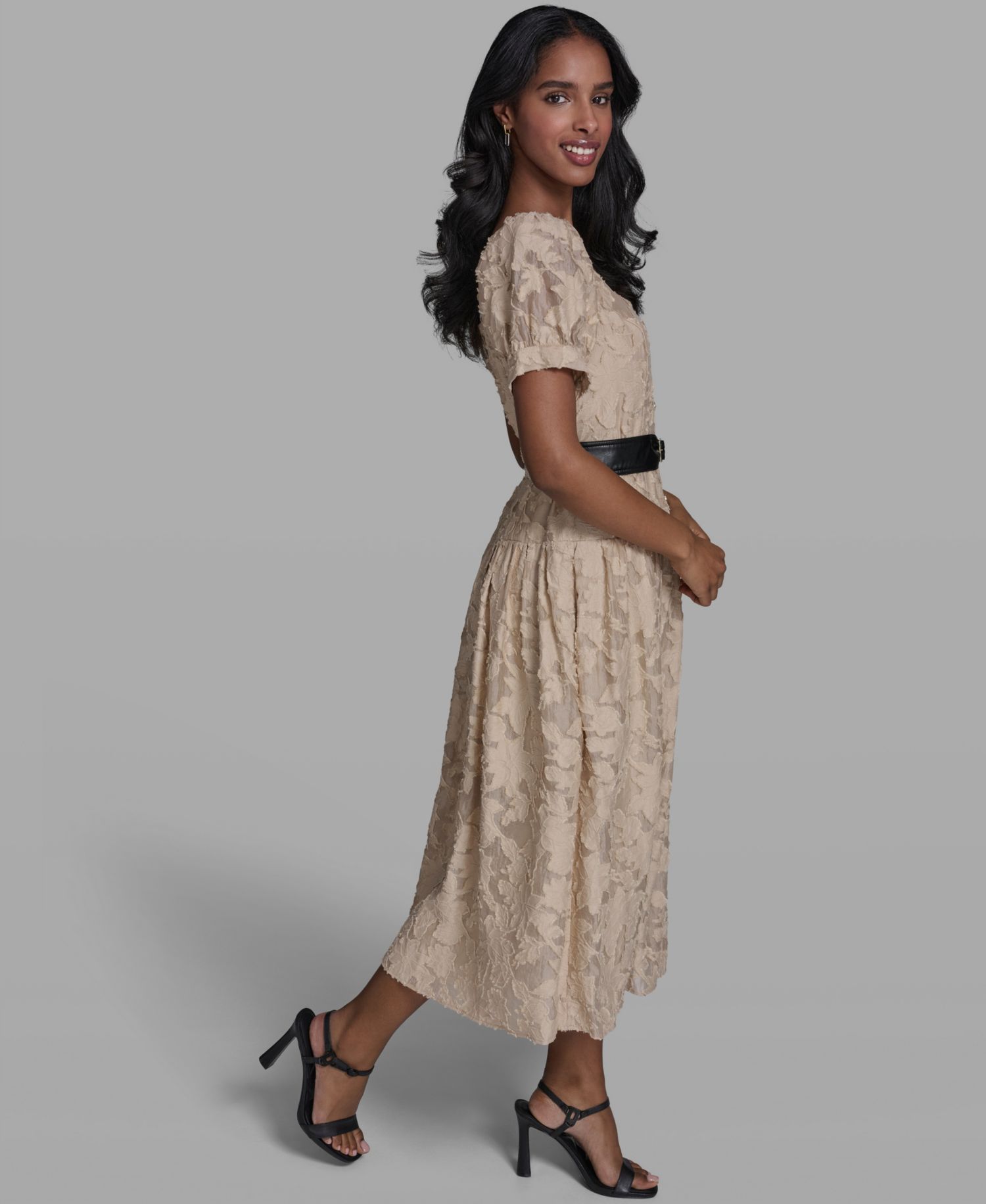 Women's Floral Lace Drop-Waist Belted Dress