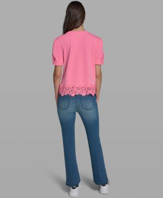 Women's Crew Neck Short-Sleeve Floral Crochet-Trim Top