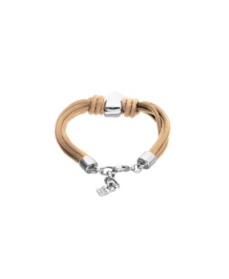 Bracelet with Mix of Silk Effect And Leather Beige Thread And Sterling Silver Heart Detail