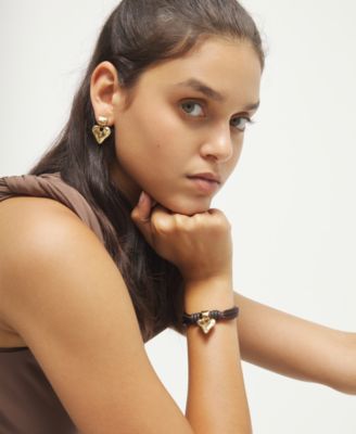 Bracelet with Mix of Silk Effect And Leather Beige Thread And 18K Gold Heart Detail