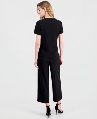 Women's Draped-Front Short-Sleeve Top & Cropped Wide-Leg Pants