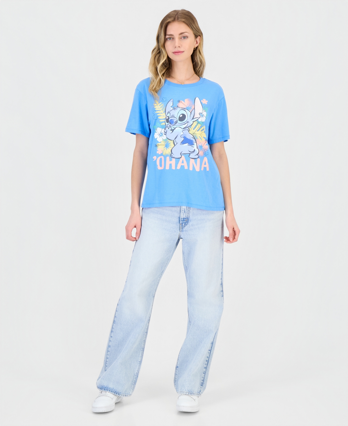 Love Tribe Juniors' Stitch Ohana Graphic Crewneck T-Shirt