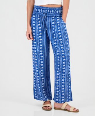 Juniors' High-Rise Wide-Leg Smock-Waist Pants