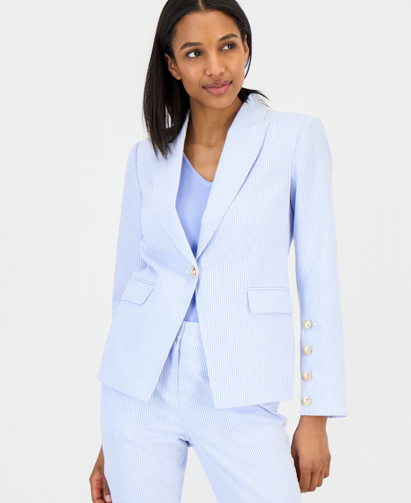 Женский пиджак Tahari ASL Petite Peak Lapel Collar One-Button Seersucker Blazer, цвет: Тёмно-синяя слоновая кость — фото 1