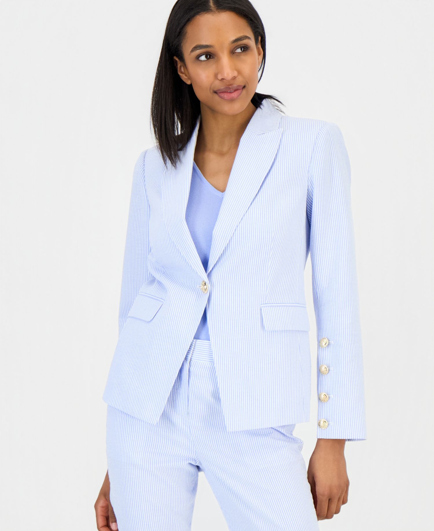 Petite Peak Lapel Collar One-Button Seersucker Blazer