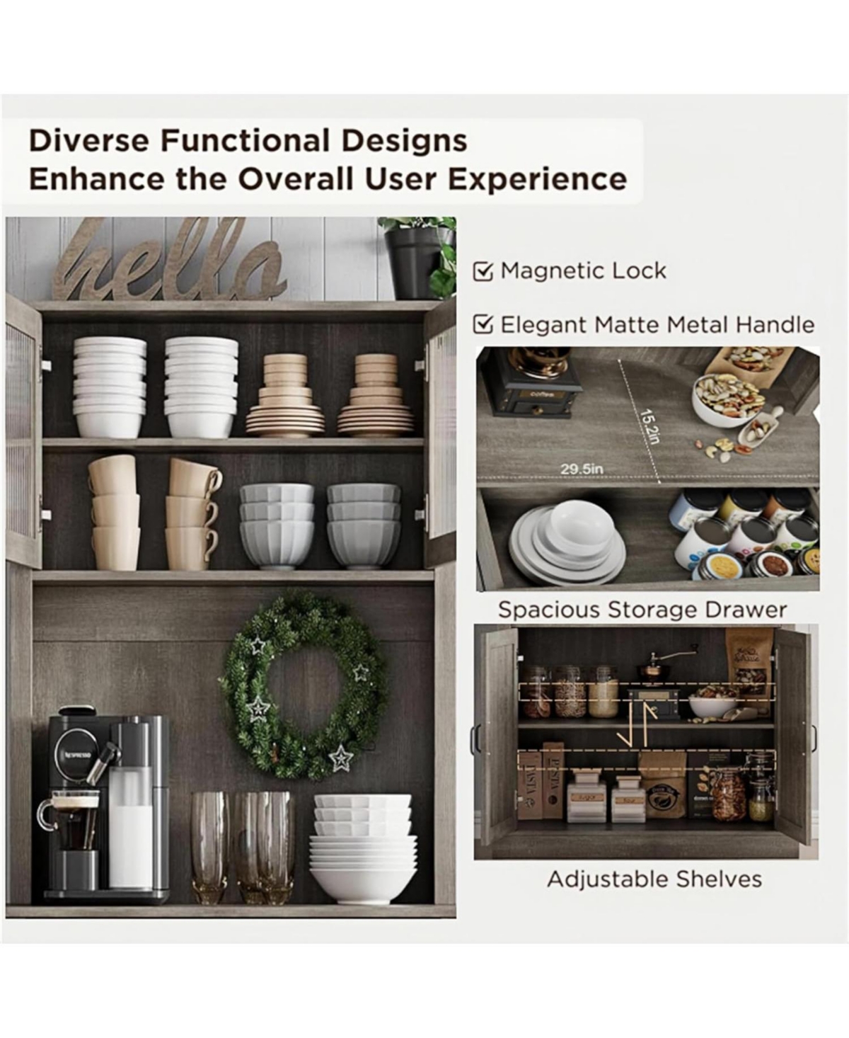 gaomon Kitchen Pantry Cabinet with Microwave Stand, 71”Freestanding Tall Kitchen Cabinet with Doors and Shelves for Dining Room