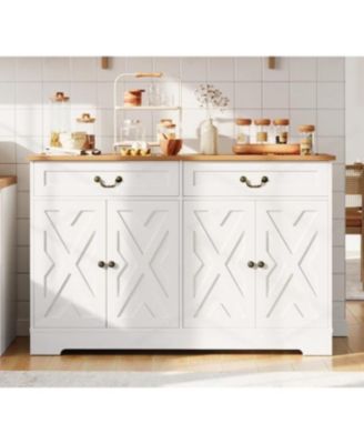 57 Inch Farmhouse Buffet Cabinet with Storage, White Sideboard with 4 Doors & 2 Drawers, Adjustable Shelves Coffee Bar Cabinet