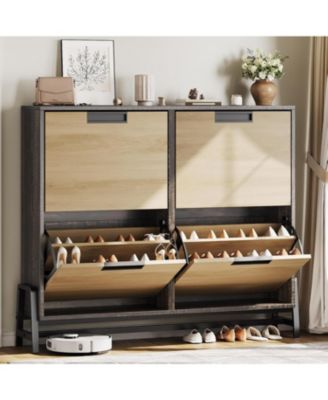 Shoe Cabinet Storage for Entryway, Narrow Shoe Organizers with 4 Flip Drawers, Freestanding with Metal Legs