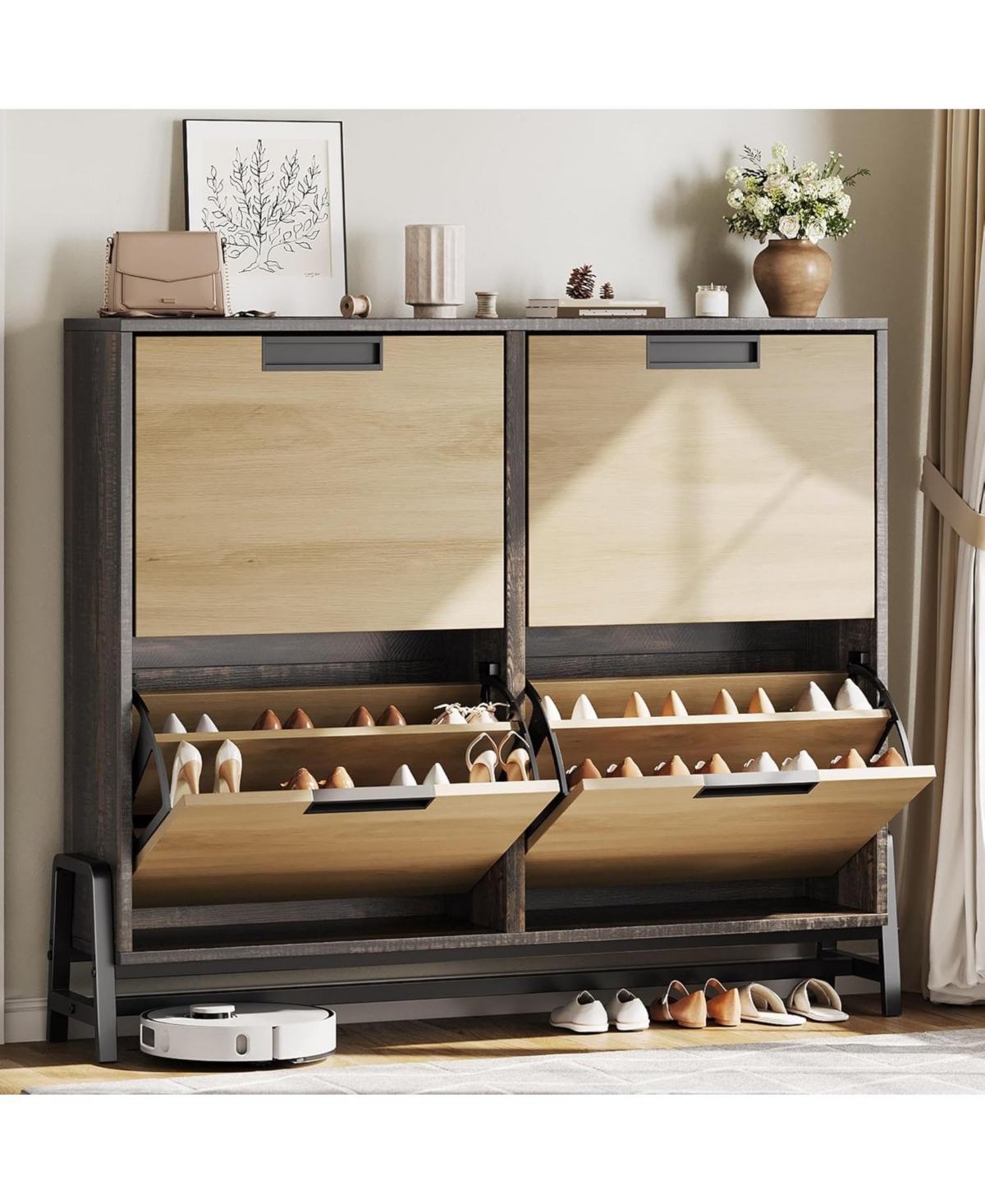 gaomon Shoe Cabinet Storage for Entryway, Narrow Shoe Organizers with 4 Flip Drawers, Freestanding with Metal Legs - Natural