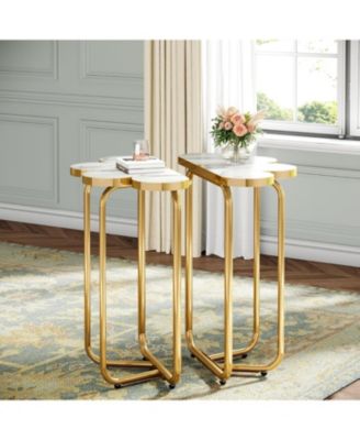 Narrow Side Table Set of 2, Half-Flower Accent Side Table with Stylish Gold Frame, 26-Inch Tall Faux Marble Nightstand