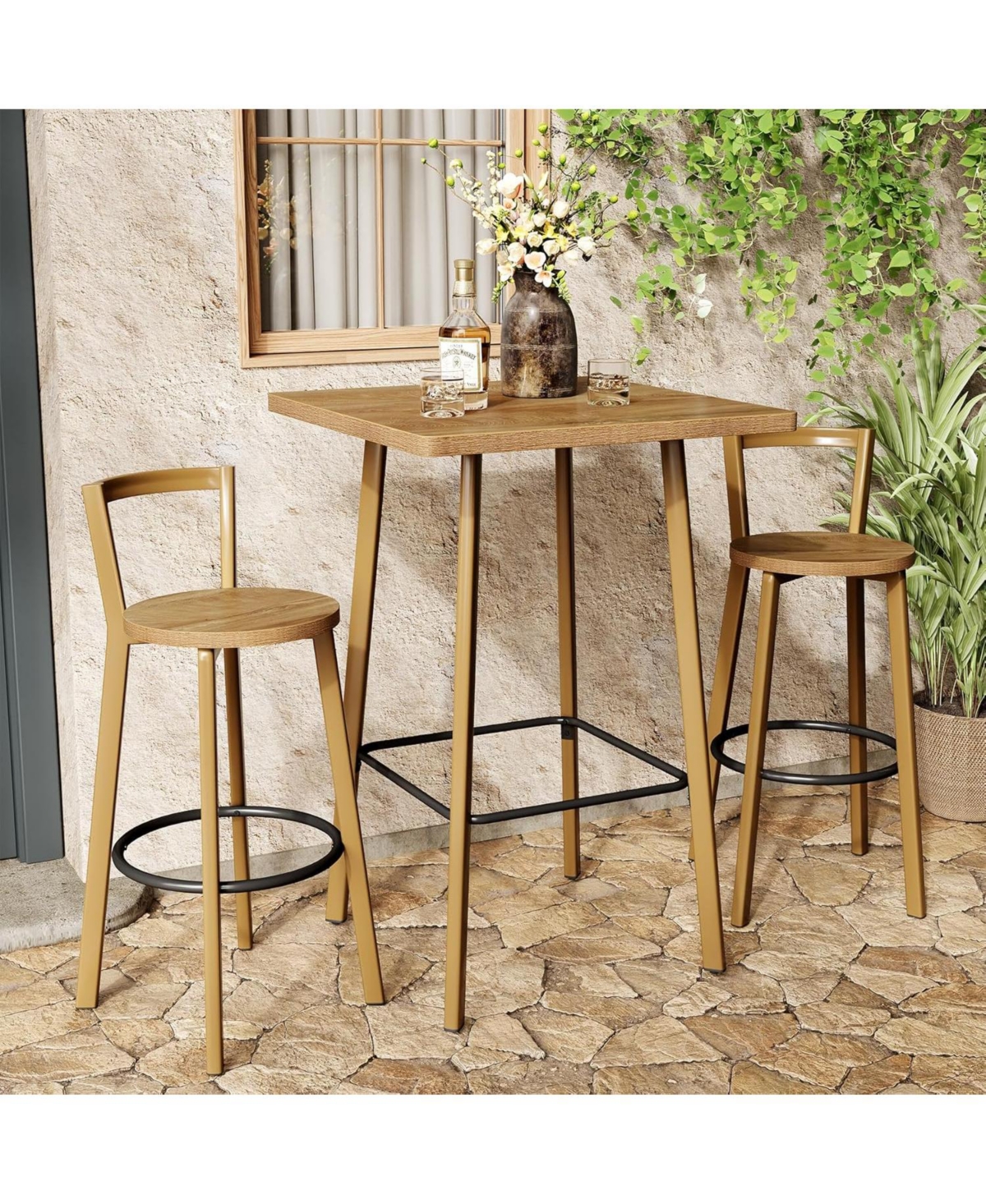 Tribesigns Bar Set, Bar Table and Chairs, 39.4" H Square Bistro Pub Table with 2 Chairs, Bar Height Table with Footrest, Small Cocktail Tables