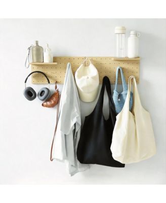 Oak Wood Pegboard Set with Shelves and Hooks for Creative Storage