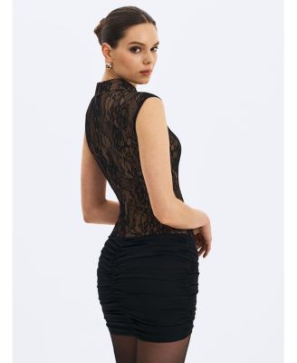 Women's Valerie Black Lace Teardrop Neckline Ruched Mini Dress