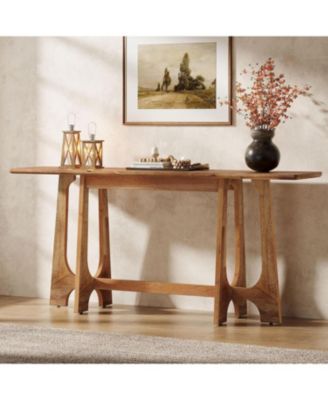 63-Inch Solid Wood Console Table, Farmhouse Long Sofa Table Behind Couch with Geometric Base for Entryway, Entrance, Living Room