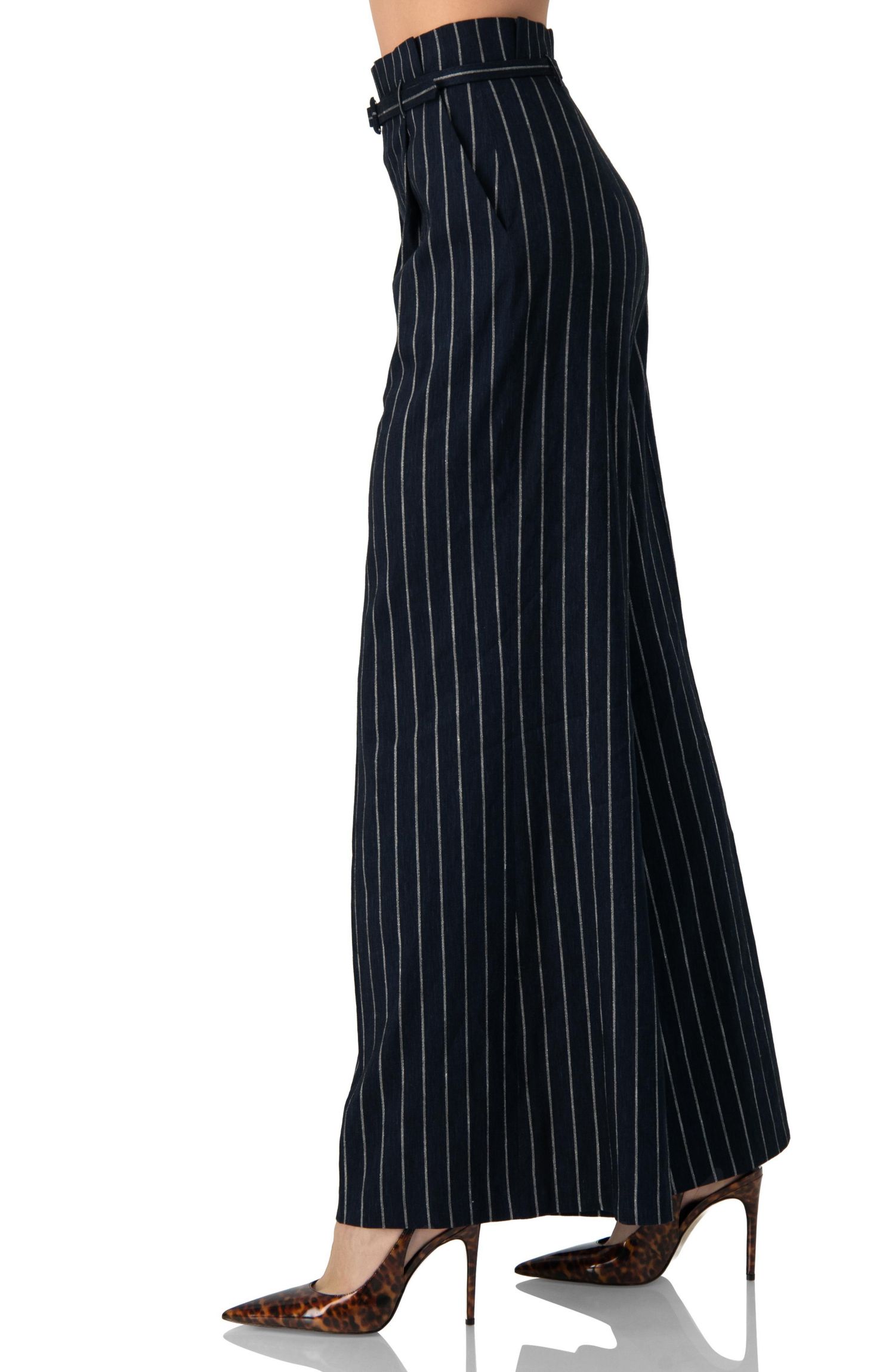 Women's Striped Wide-Leg Trousers with Belt