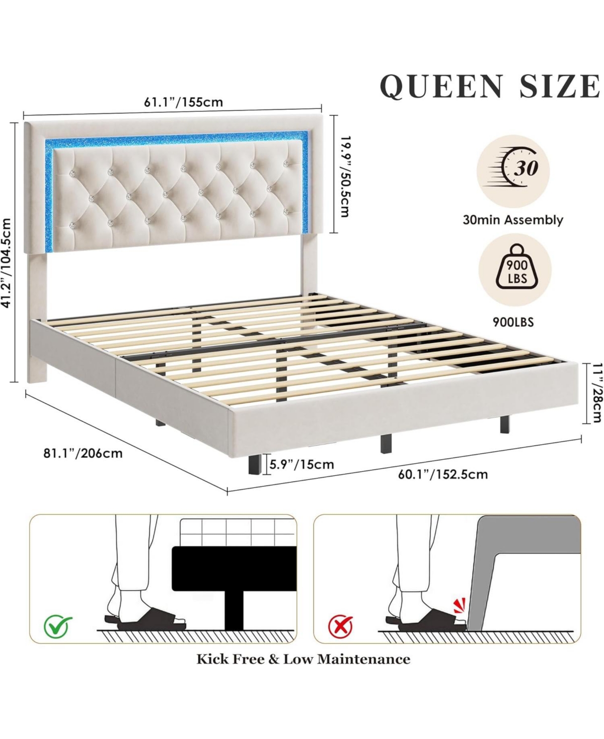 gaomon Floating Bed Frame with Smart Led Lights, Upholstered Platform Diamond Headboard, Solid Wood Slats Support