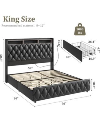 King Size Bed Frame with 50.8" Tall Headboard, Platform Velvet Upholstered Bed Frame with 4 Storage Drawers, USB Charging Station, Led Lights.