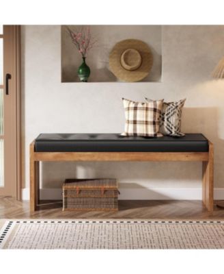 47-Inch Solid Wood Entryway Bench, Modern End of Bed Bench with Button-Tufted Leather Pad and Wooden Legs