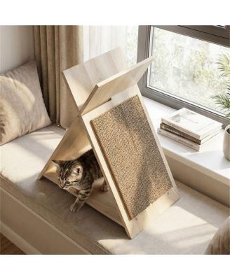 Space-Saving Cat Scratcher Lounge Combo with Tunnel, 3-in-1 Multi-Level Furniture with Scratching Surface & Wooden Perch
