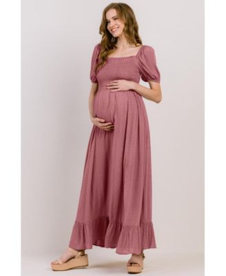 Maternity Smocked Swiss Dot Maxi Dress with Side Slit