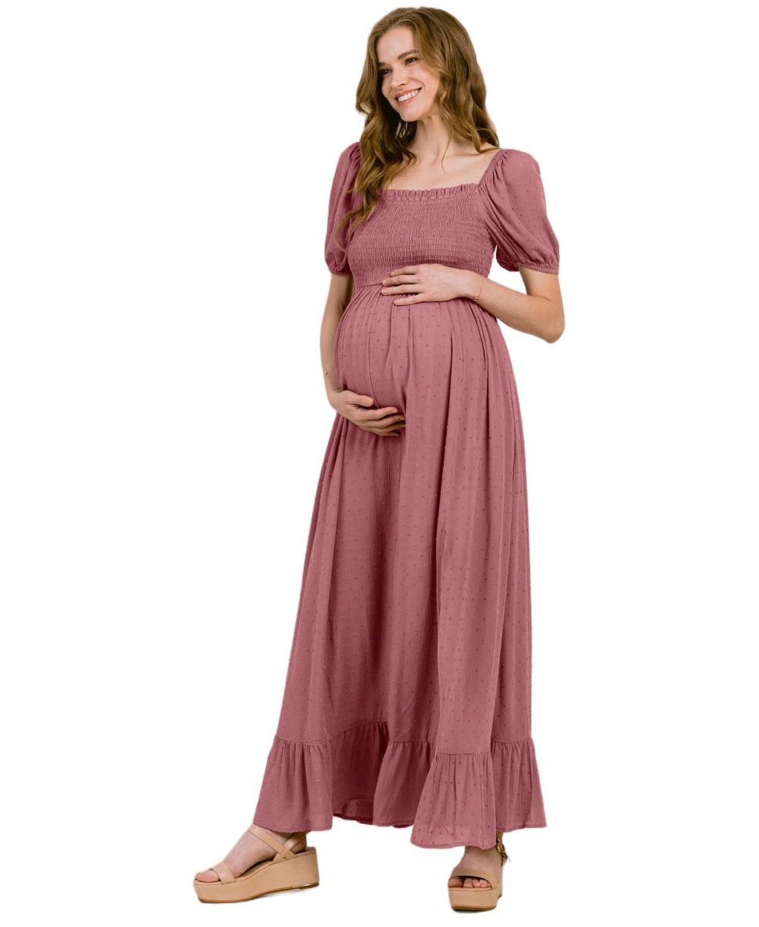 Women's Smocked Swiss Dot Maxi Dress with Side Slit