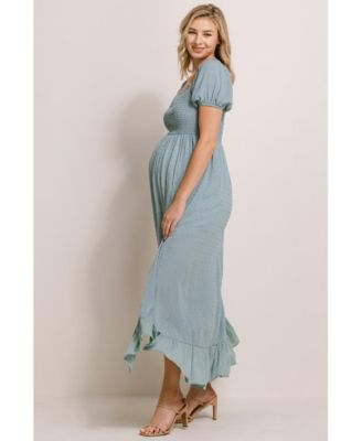 Maternity Smocked Swiss Dot Maxi Dress with Side Slit