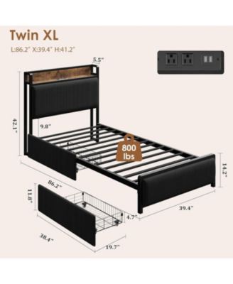 Twin XL Size Bed Frame with Storage Headboard, Black Corduroy Upholstered Twin Platform Bedframe with Storage Drawers and Charging Station, No Box
