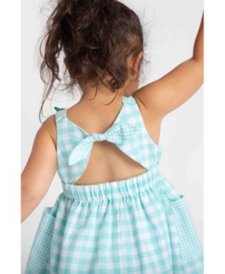 Little Girl Gingham Linen Look Dress With Flowers