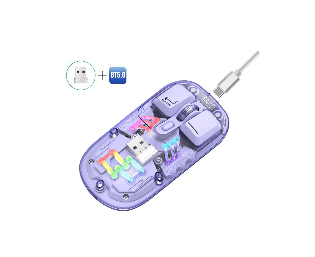 Risokeys Dual-Mode Transparent Wireless Mouse, 2.4G + Bluetooth 5.0, Magnetic Suction Design, Rgb Backlit, 3-Speed Dpi