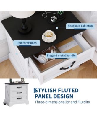 Modern Farmhouse Wood Nightstand Set of 2 with Charging Station & 3 Large Drawers
