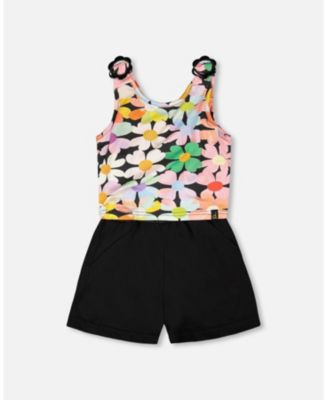 Girl Sleeveless Jersey Jumpsuit Black Printed Flowers - Child