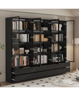 Display Cabinet with 2 Glass Doors and Lights, 4-Tier Storage Shelves and 2 Drawers