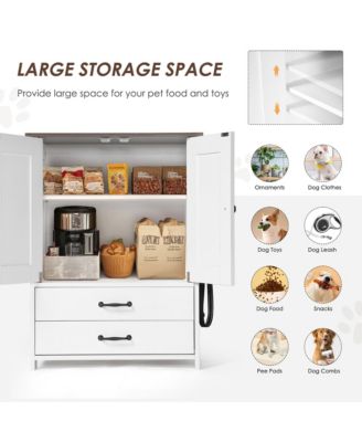 Dog Feeding Station Cabinet with Pull-Out Bowls, Double Doors, and Side Hooks, White