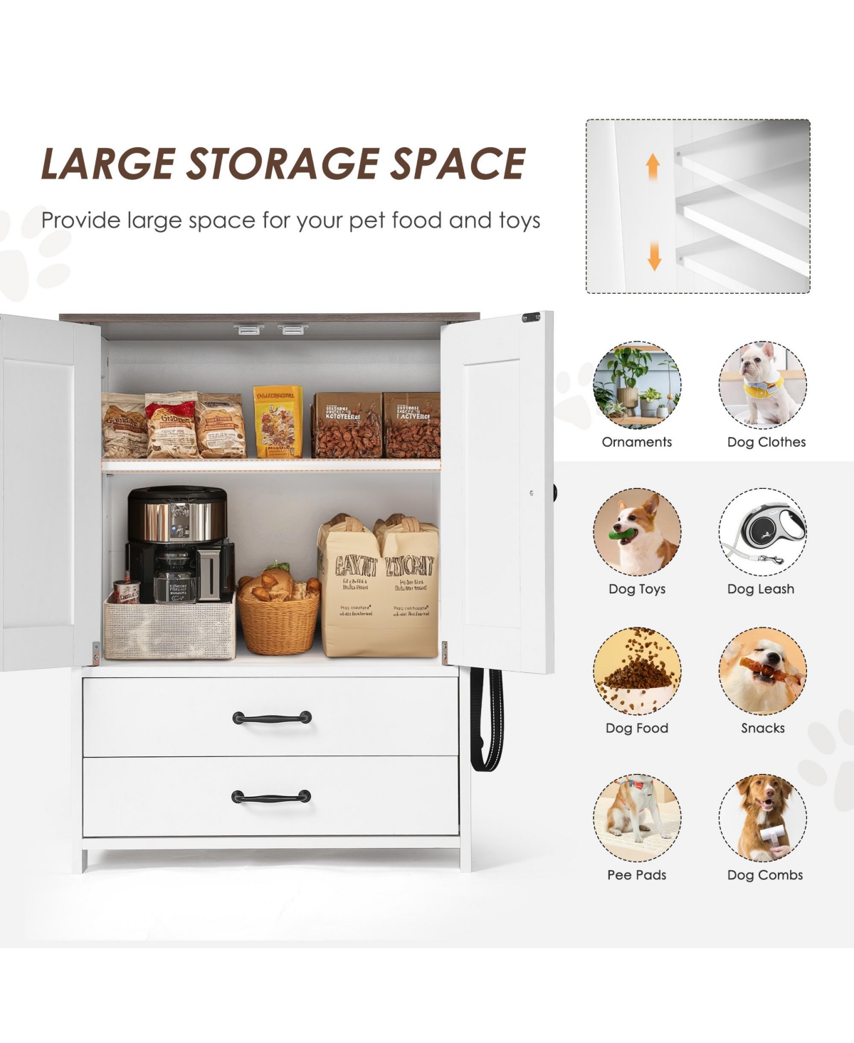 Cozito Dog Feeding Station Cabinet with Pull-Out Bowls, Double Doors, and Side Hooks, White