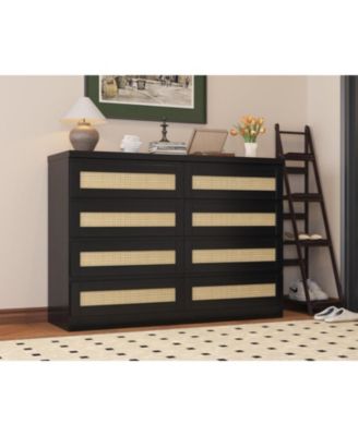 Rattan Dresser for Bedroom, Modern 8 Drawer Wooden Dresser Chest, Wide Wood Beside Table for Closet, Nursery, Living Room and Entryway
