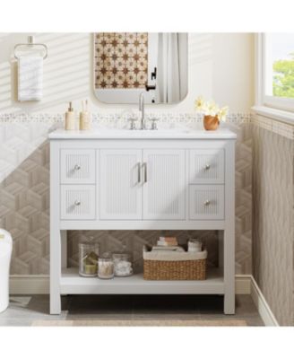 36" Bathroom Vanity with Sink, Modern Freestanding Vanity with Ceramic Porcelain Basin, 2-Door Storage Cabinet & Open Shelf