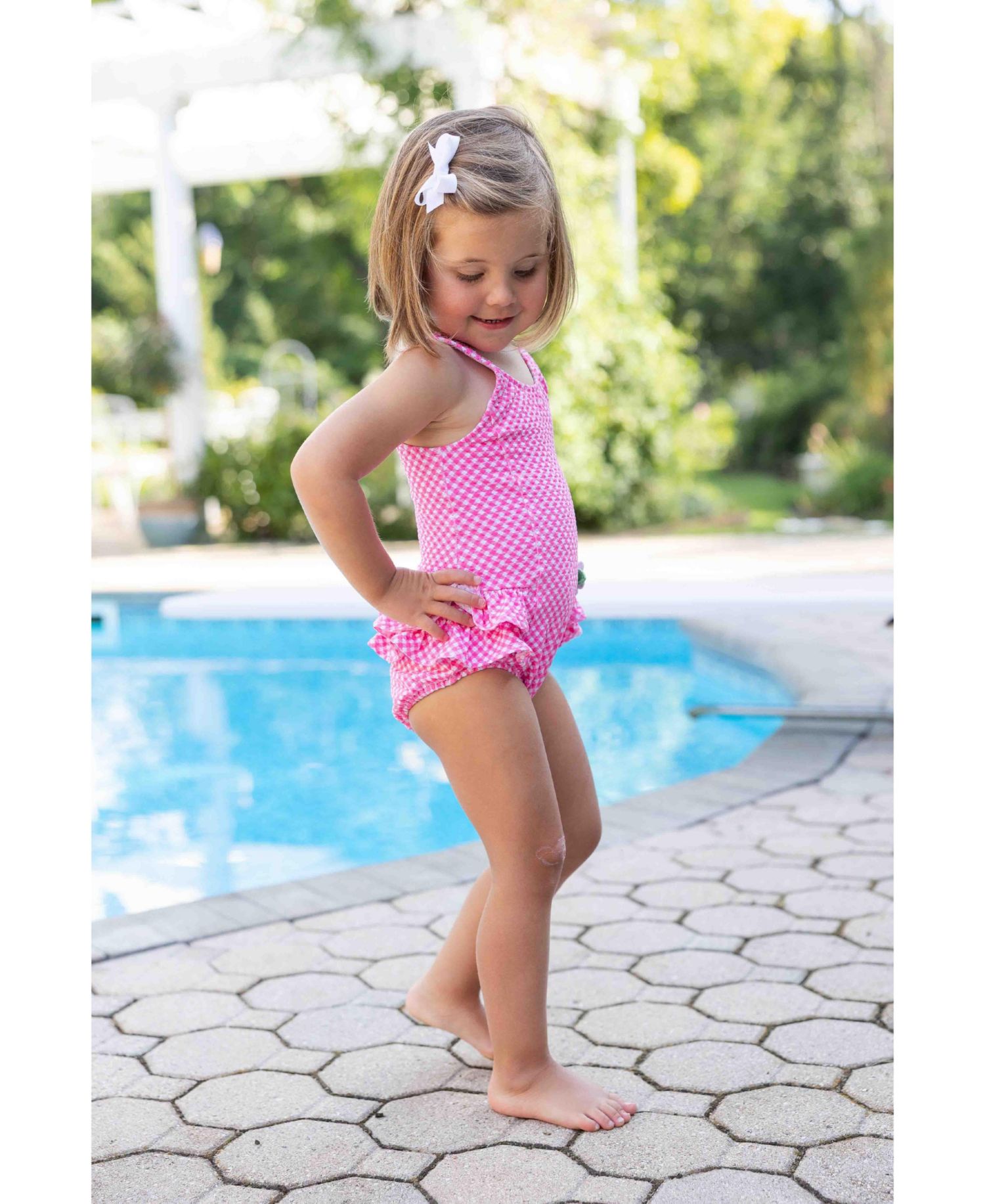 Little Girls Gingham Swimsuit with Ruffles and Flower