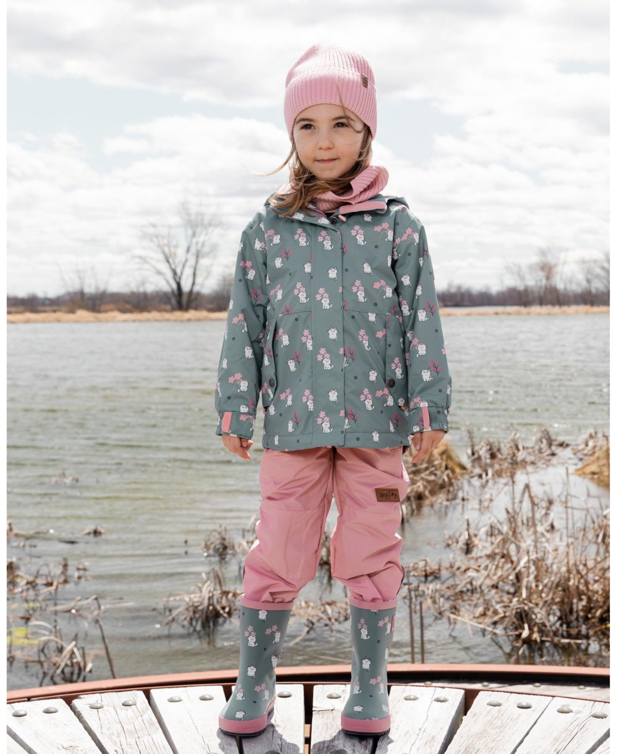 Deux par Baby Girls Two-Piece Mid-Season Outerwear Set Green Cat Print