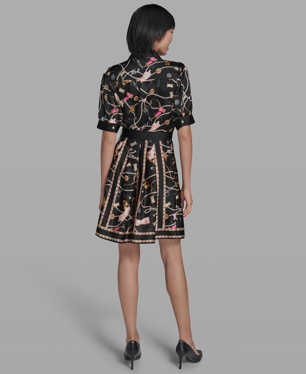 Karl Lagerfeld Paris Women's Printed Collared Belt Shirt Dress