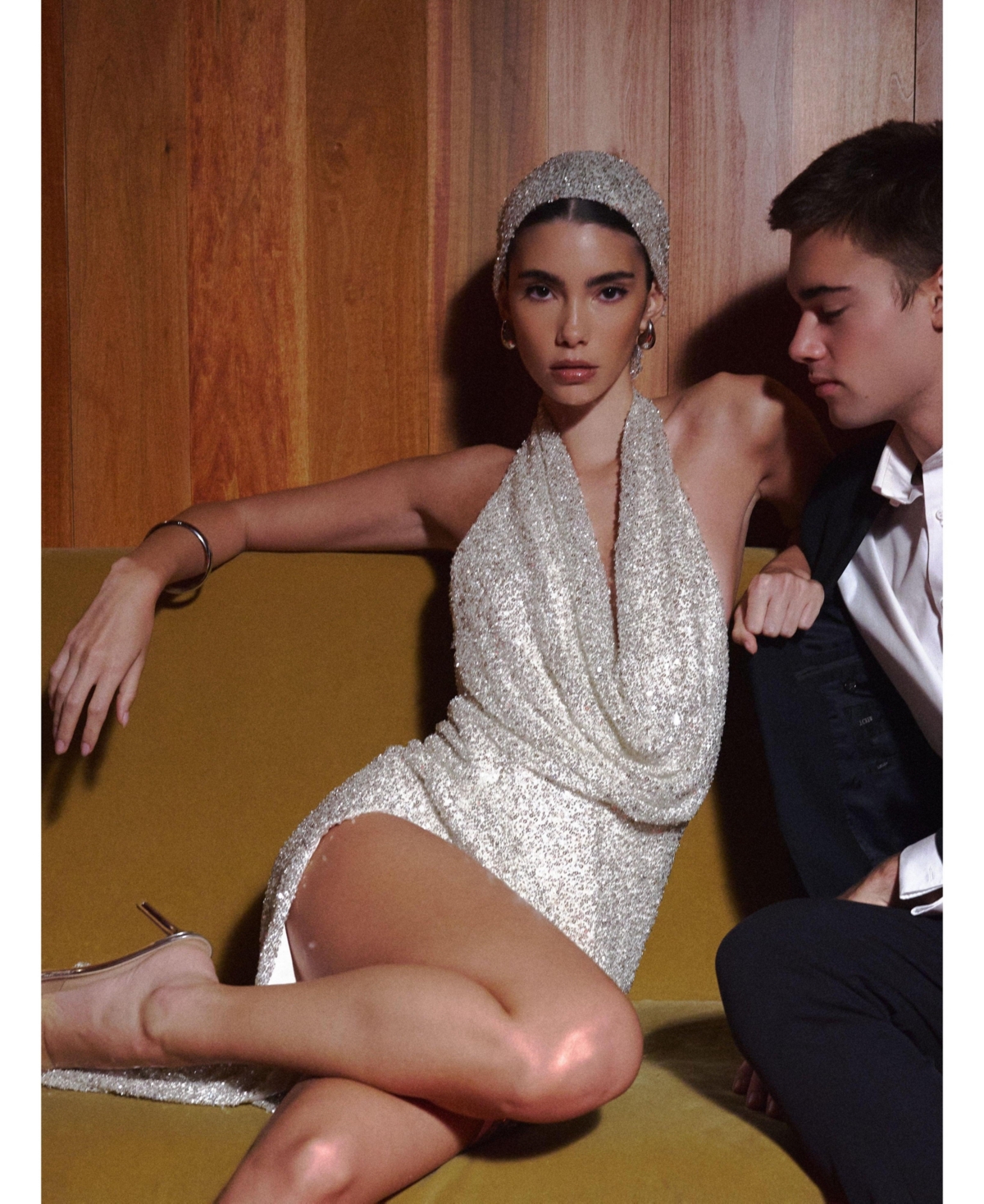 Miss Circle Women's Niamh Golden Beaded Cowl Halter Backless Maxi Dress