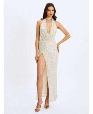 Women's Niamh Golden Beaded Cowl Halter Backless Maxi Dress