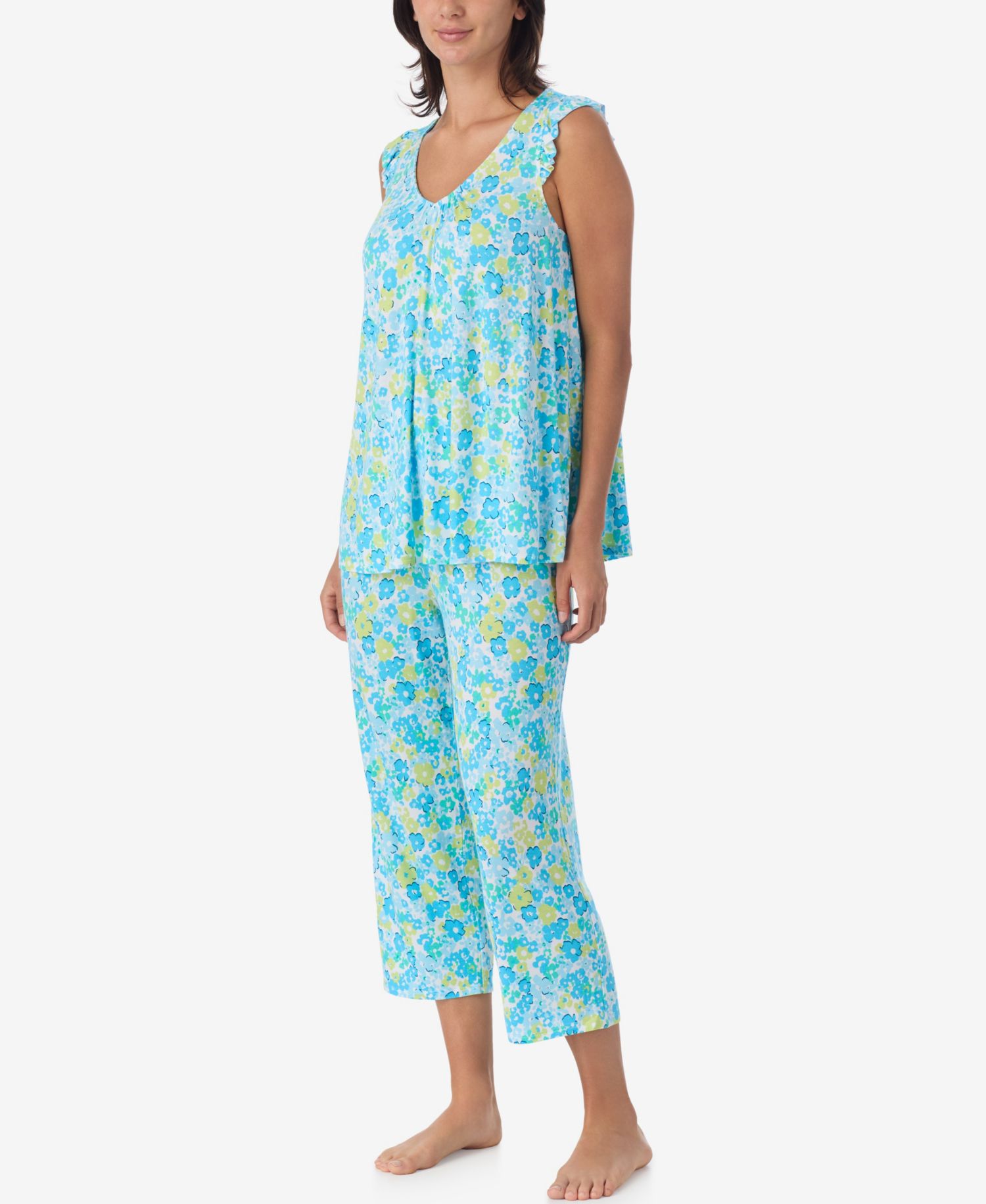 Women's Jersey Ruffle-Sleeve Top & Cropped Pants, 2-Piece Pajama Set