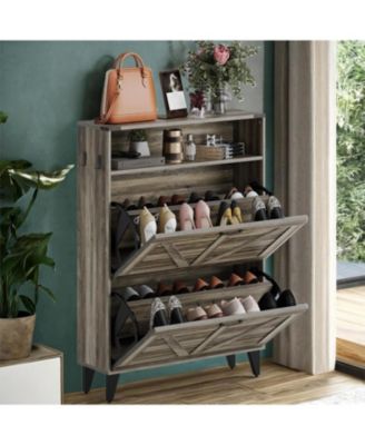 Gamon Shoe Storage Cabinet with 2 Flip Drawers, Freestanding Shoe Organizer, Narrow Shoe Rack Cabinet, Shoe Cabinet Storage