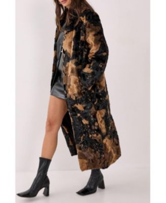 Women's Cow Print Faux Fur Longline Coat