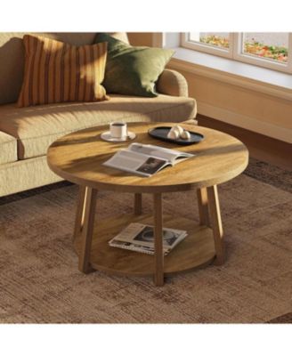 Round Coffee Table with Storage, 2-Tier 31.5" Center Table with Wooden Legs for Living Room & Bedroom