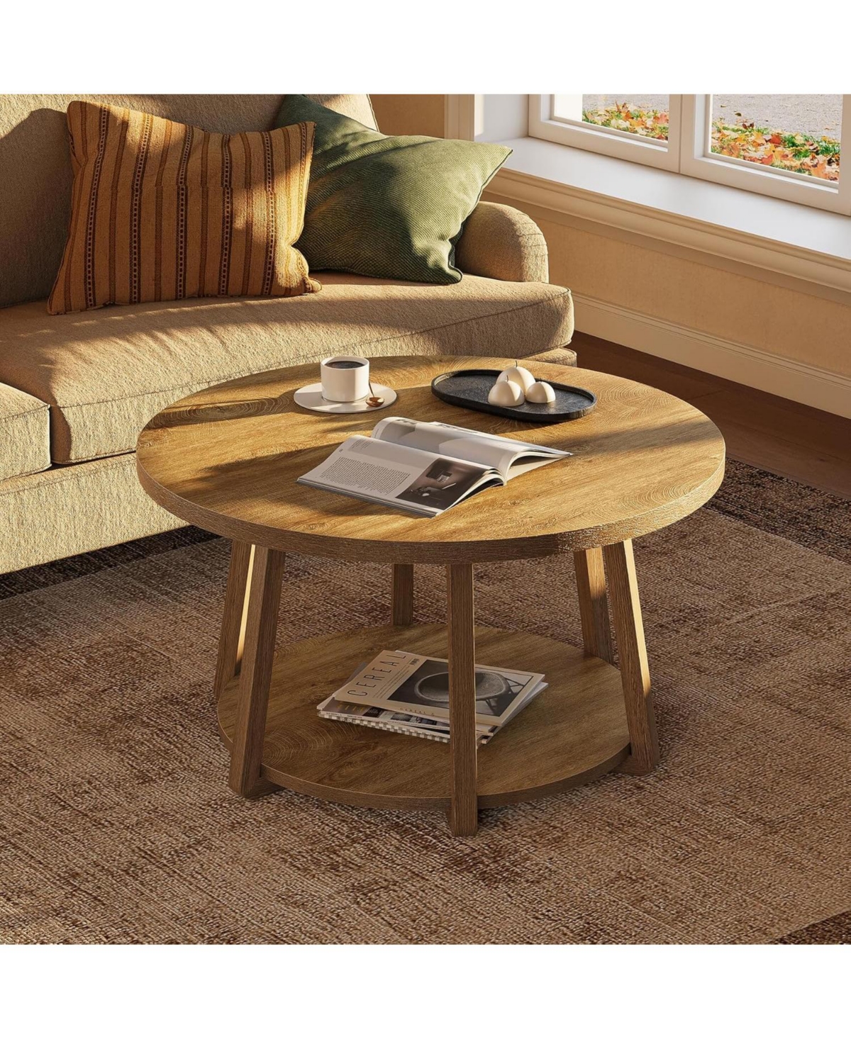 Tribesigns Round Coffee Table with Storage, 2-Tier 31.5" Center Table with Wooden Legs for Living Room & Bedroom