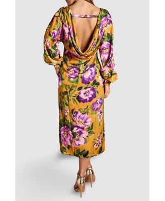 Women's Printed Satin Maxi Dress With Cowl Back