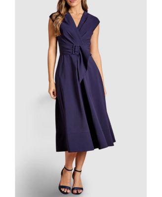 Women's Belted Crepe V-Neck Midi Dress