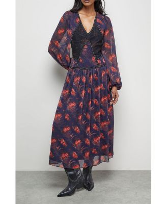 Women's Plunge Neck Pleated Maxi Dress